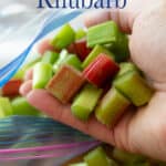 Cut rhubarb being placed into a plastic bag.