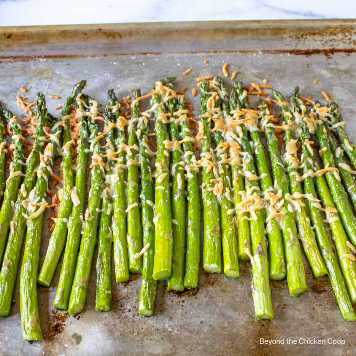 A baking sheet filled with asparagus topped with parmesan cheese.