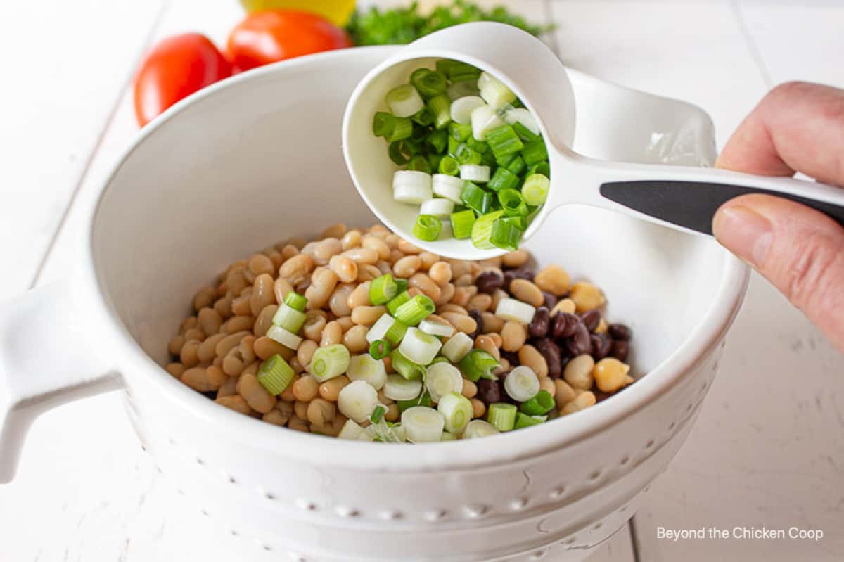 Green onions being added to a bowl of beans.