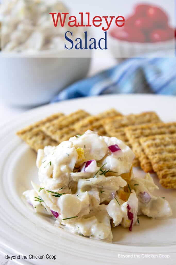 Walleye salad next to crackers on a plate.