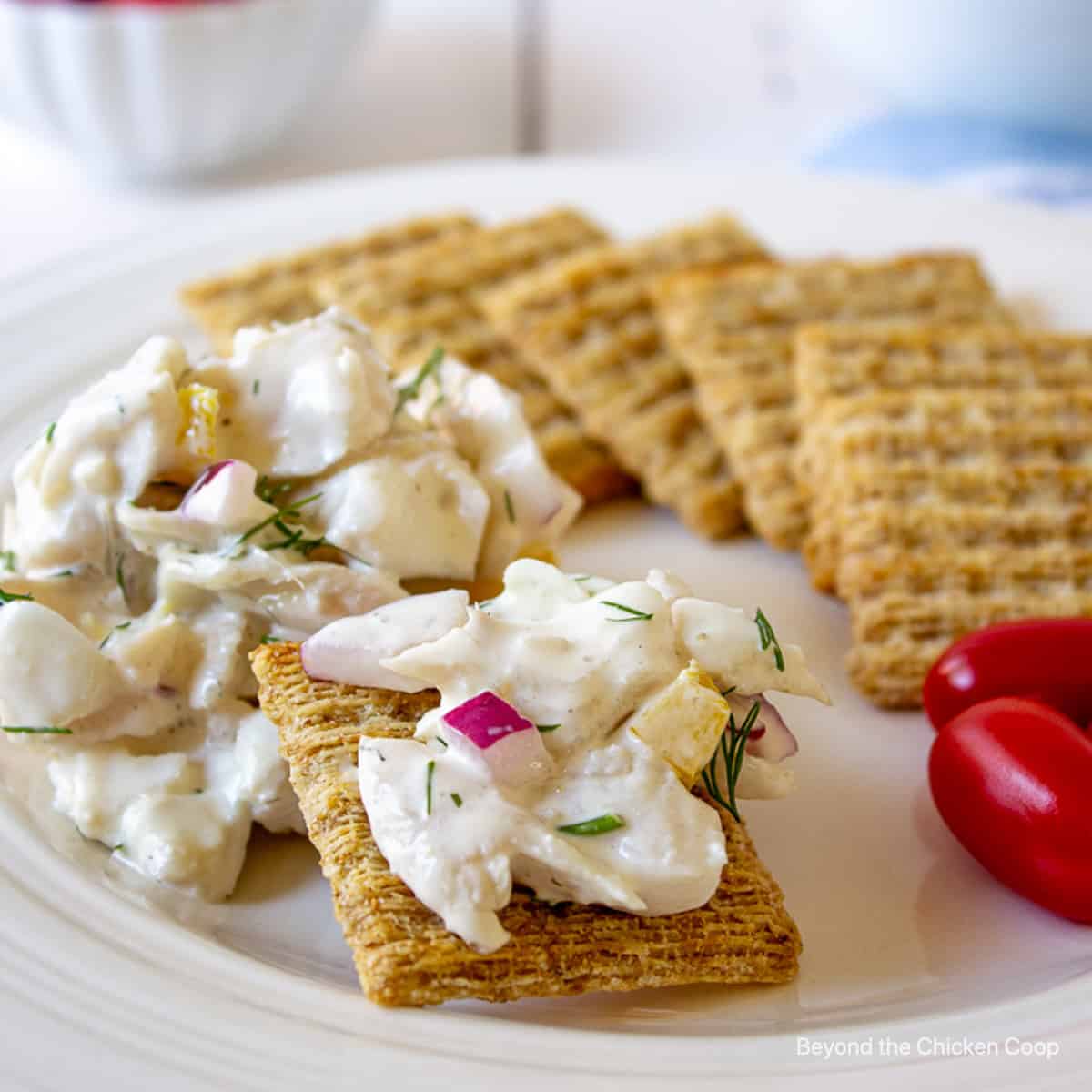 Crackers topped with walleye salad.