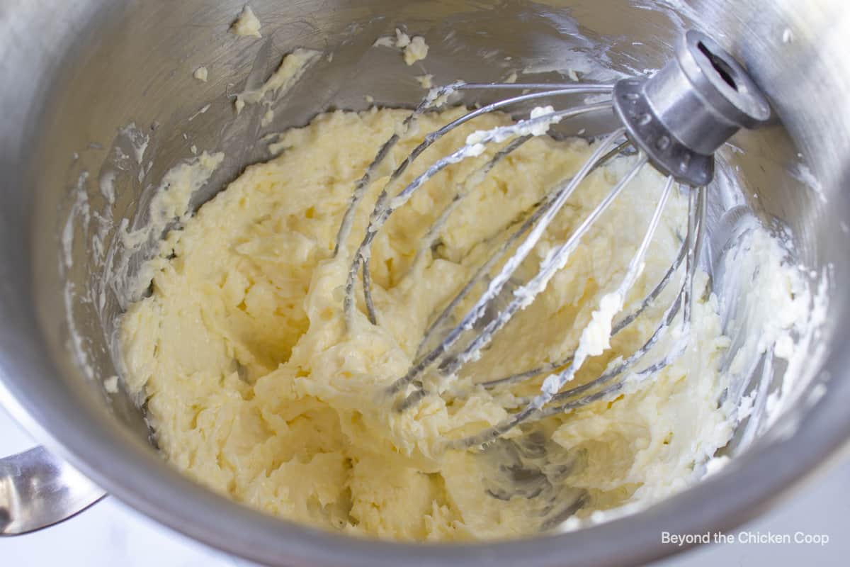 Butter whipped in a mixing bowl.