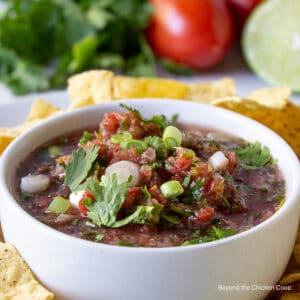 A white bowl filled with a tomato salsa with green onions and cilantro.