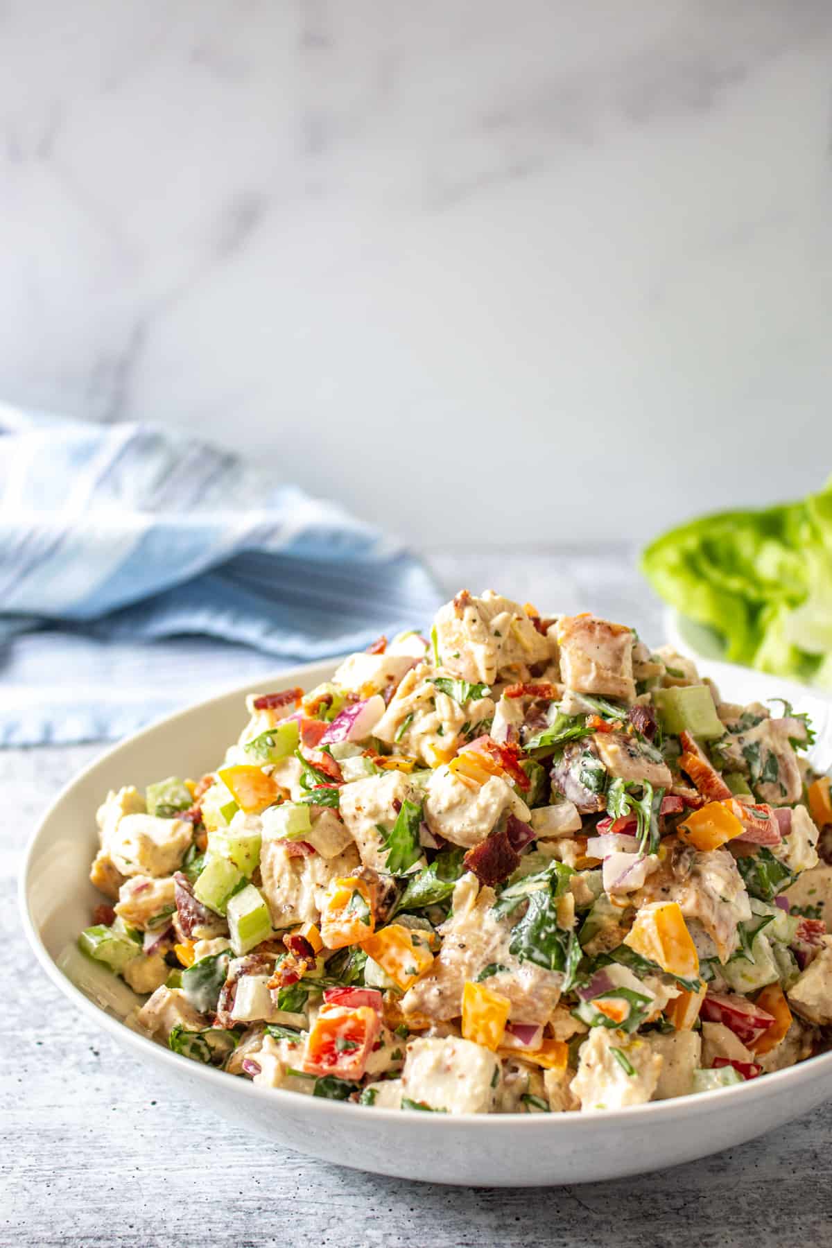 A white bowl filled with chunks of chicken with a light dressing.