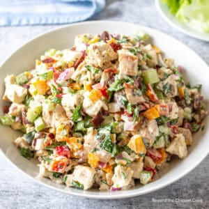 A white dish filled with a colorful chicken salad.