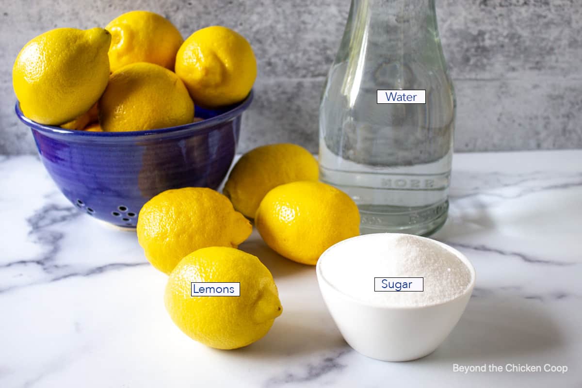 Fresh lemons next to a small white bowl filled with sugar. 