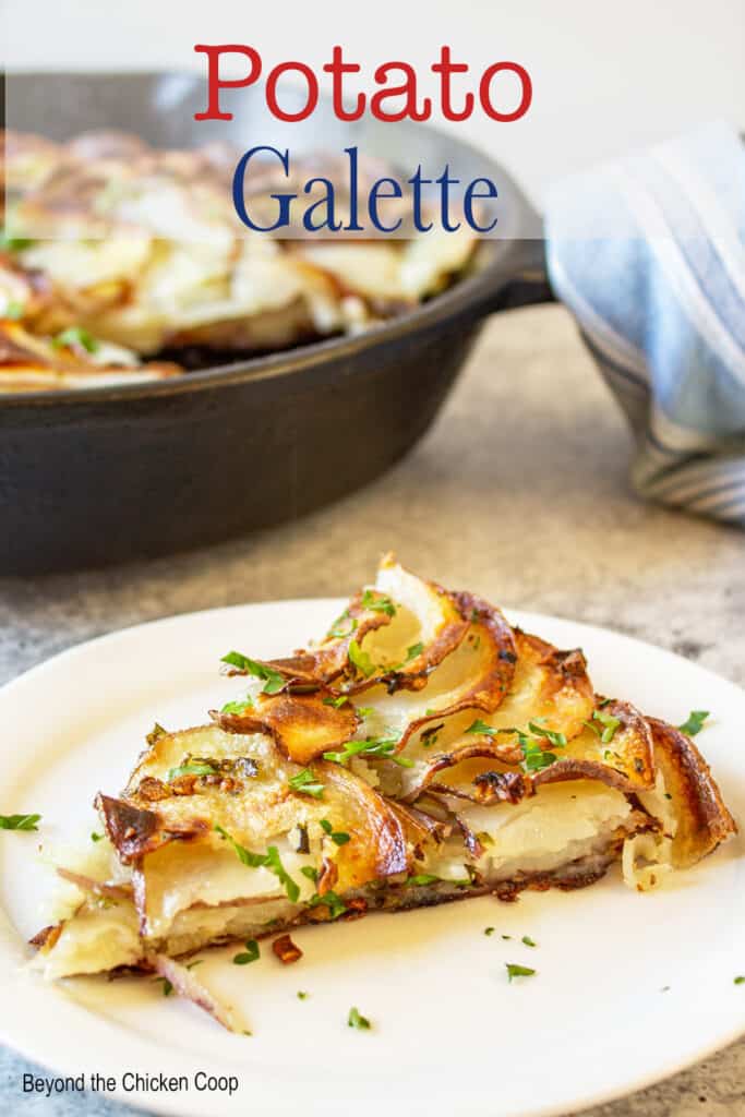 A cast iron skillet filled with crispy sliced potatoes.