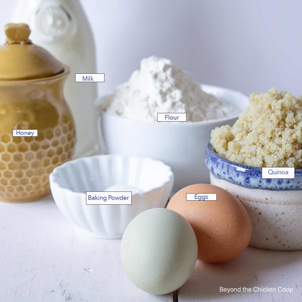 Ingredients in small bowls on a white table.