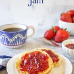 Strawberry jam spread on toasted english muffins.