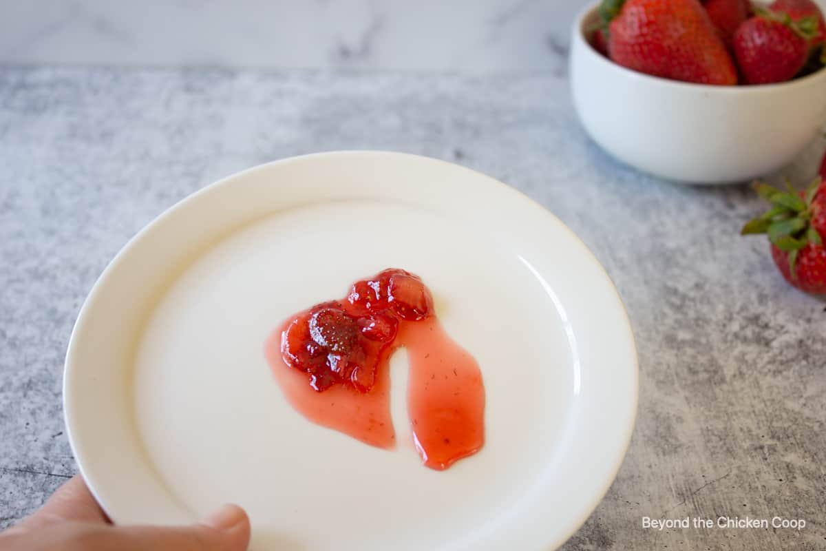 A small white plate with a dollop of strawberry jam.