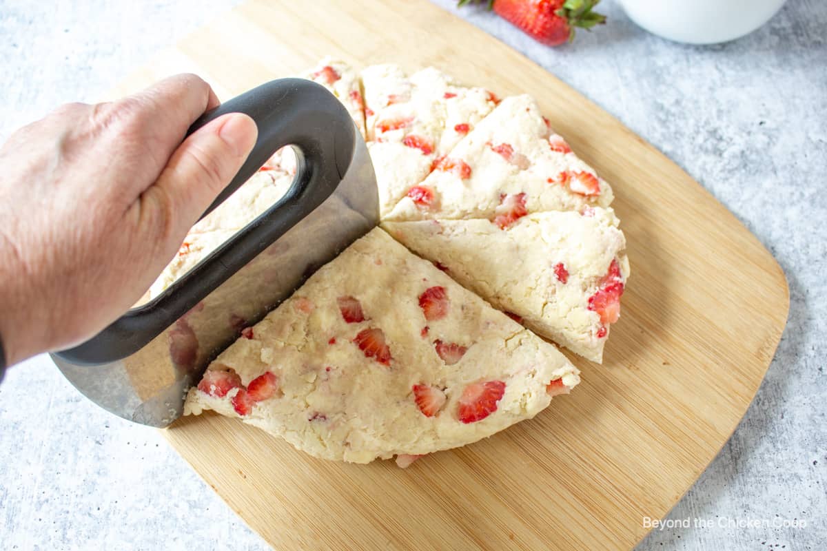 Cutting a round of dough into wedges with a dough bench scraper.