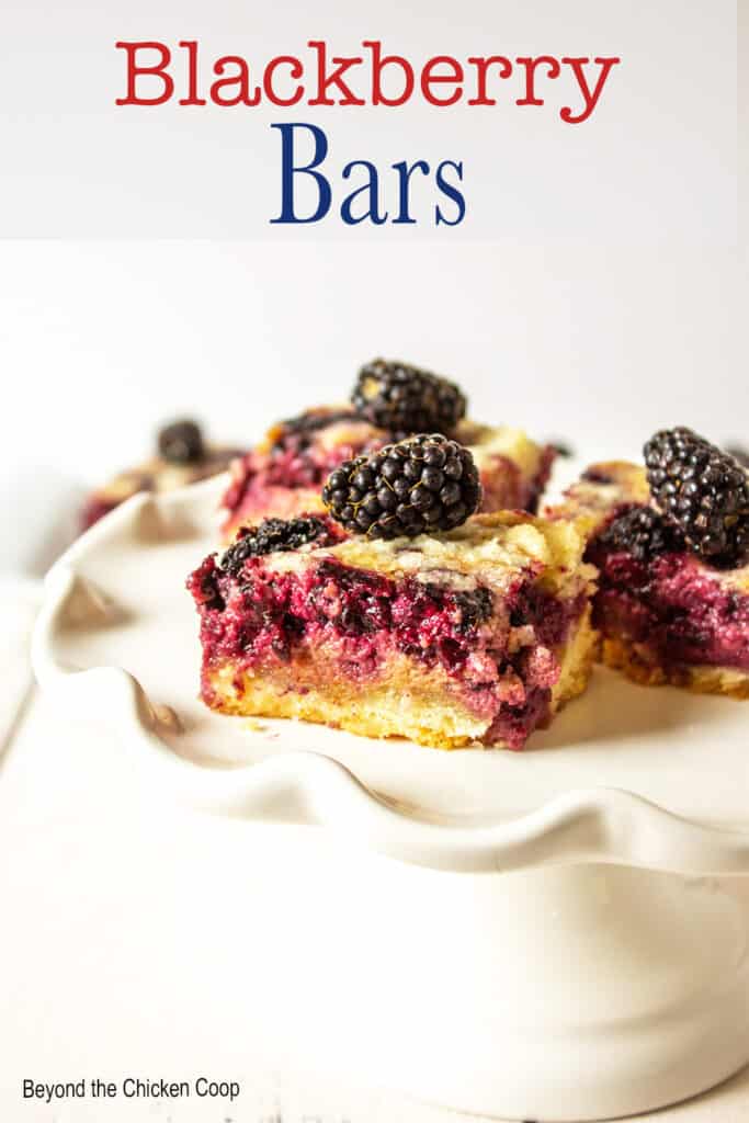Blackberry bars on a white cake stand.