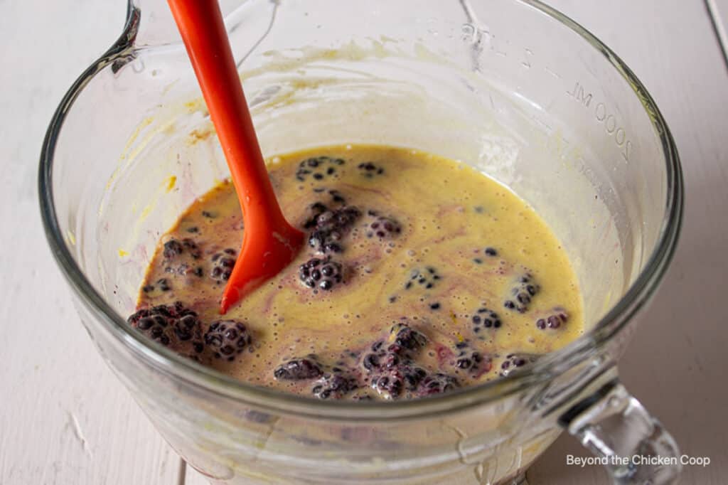 Blackberries in a bowl with a batter.