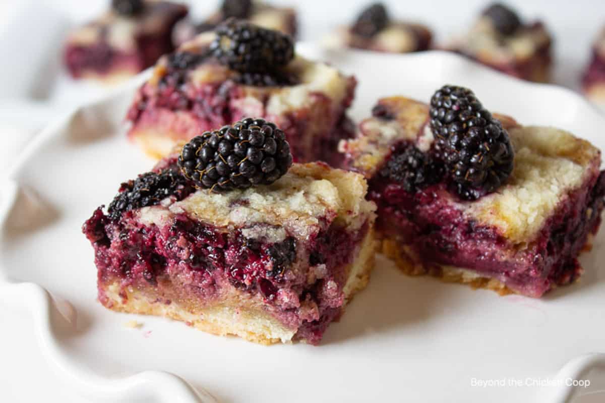 Three blackberry bars on a white scalloped dish.