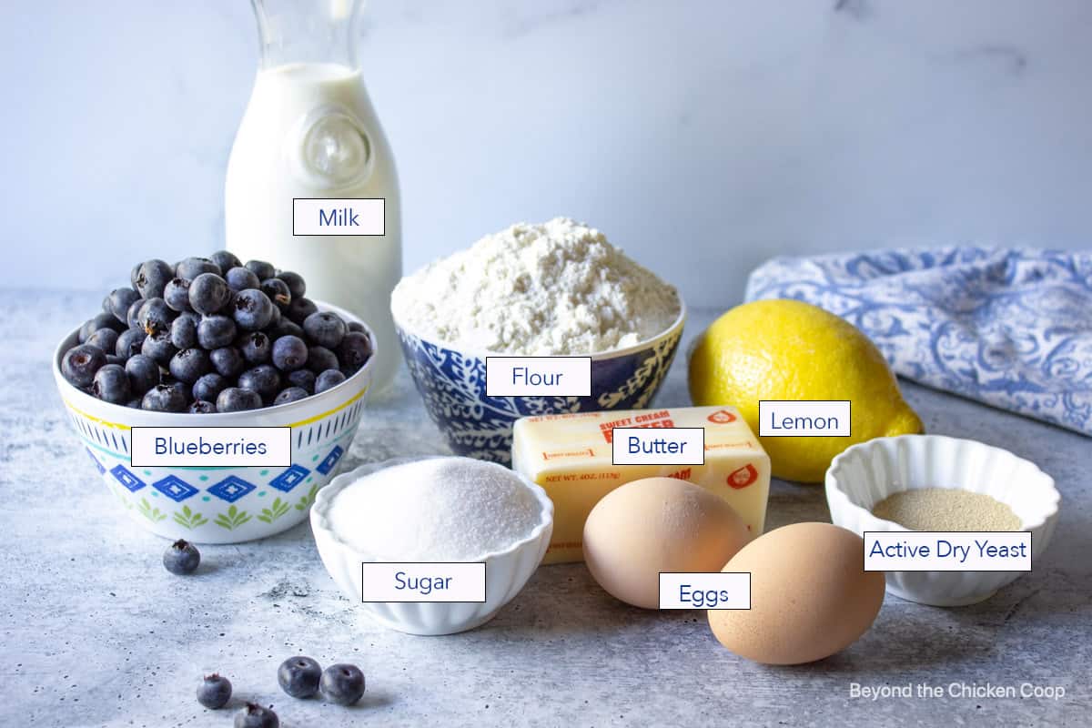 An arrangement of ingredients needed for making blueberry sweet rolls.