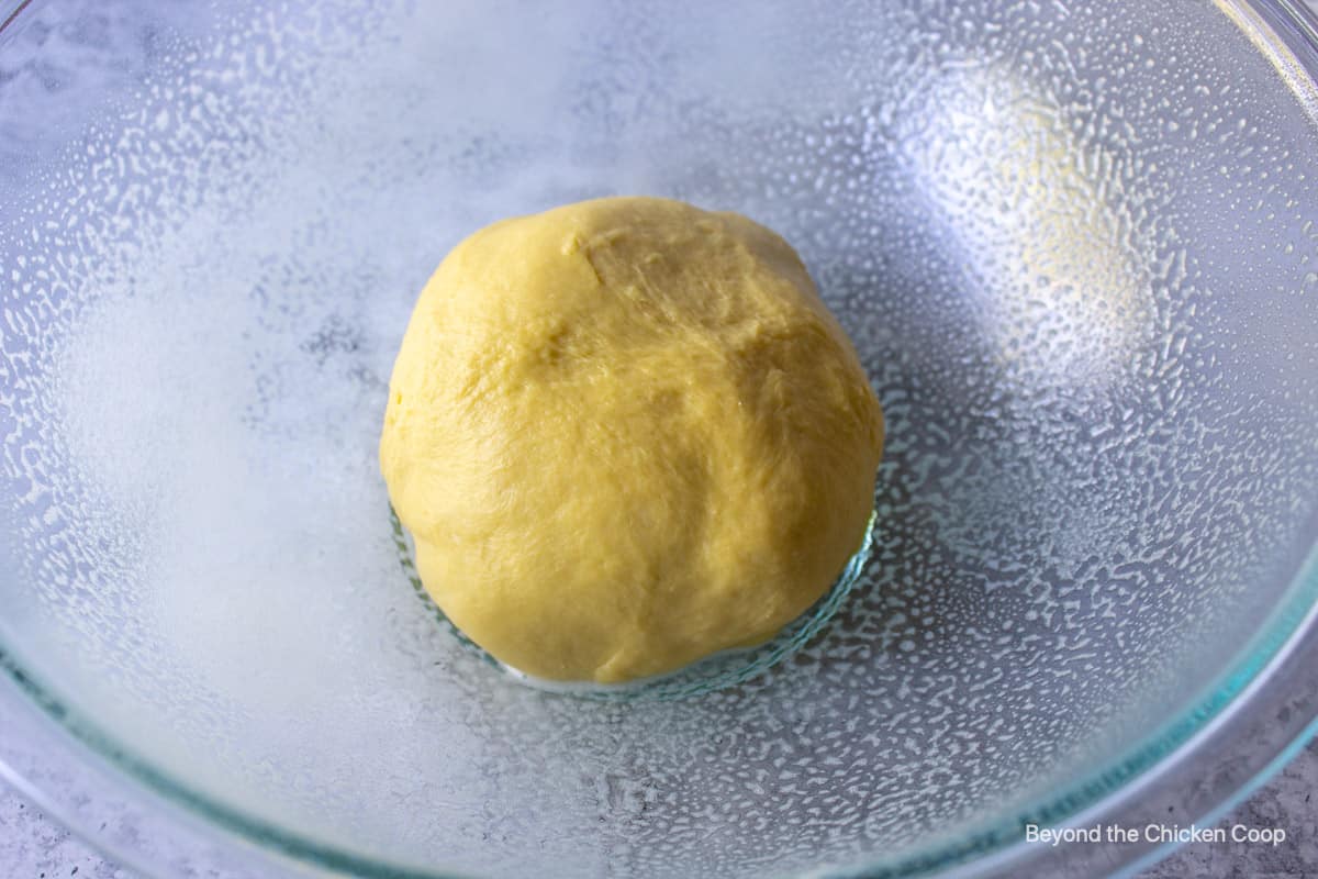 Yeast dough in a glass bowl.
