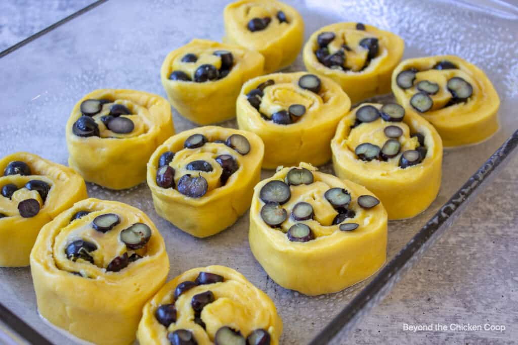 Blueberry sweet rolls in a glass baking dish.