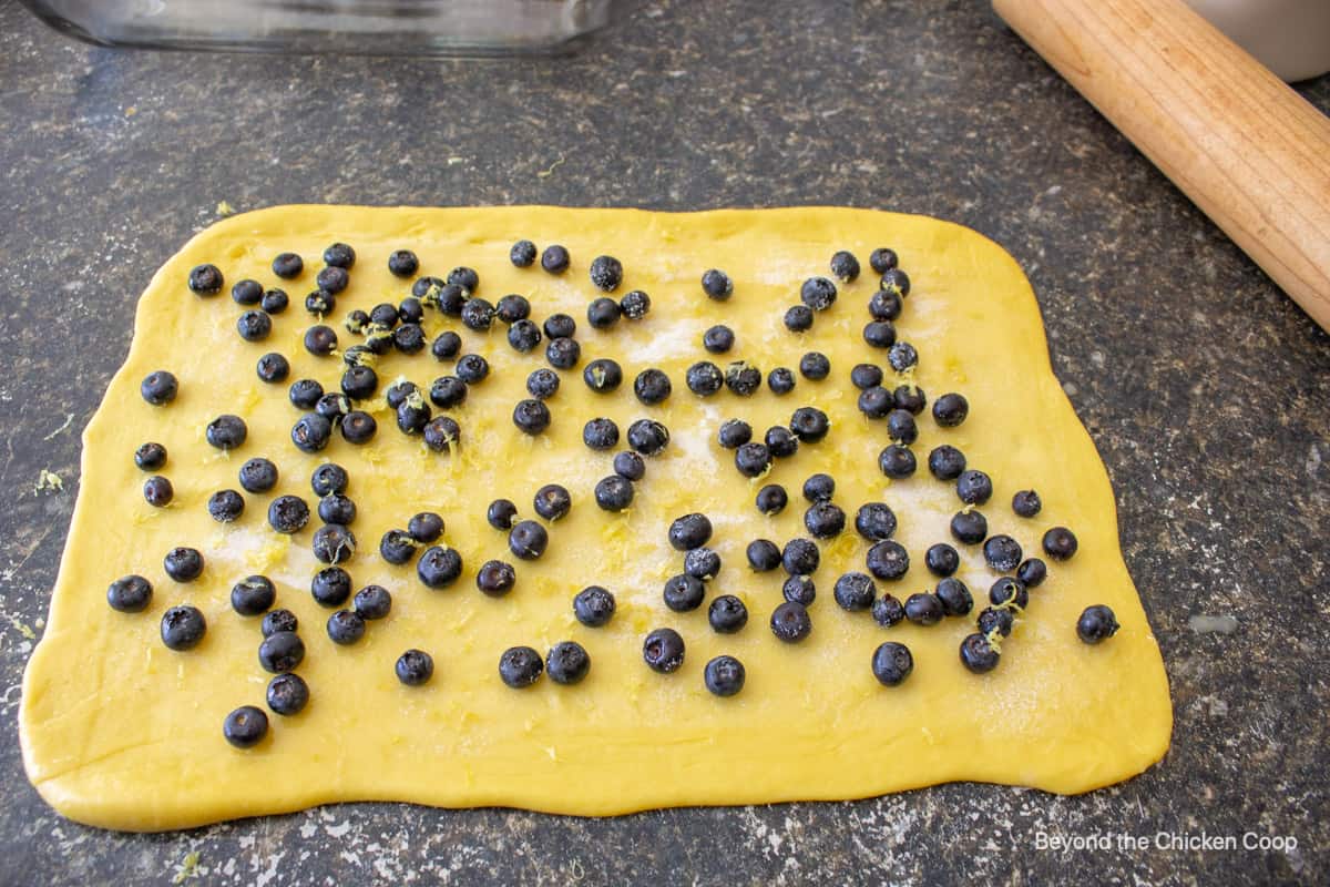 Blueberries and lemon zest on top of dough.