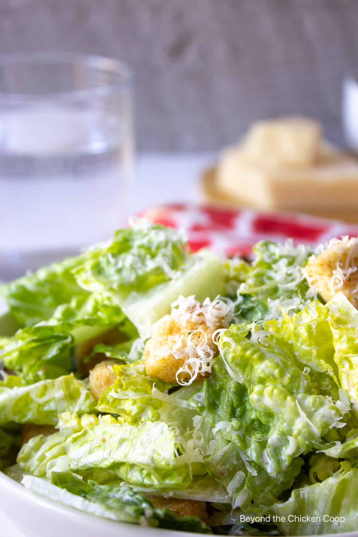 A green salad topped with shredded cheese and croutons.