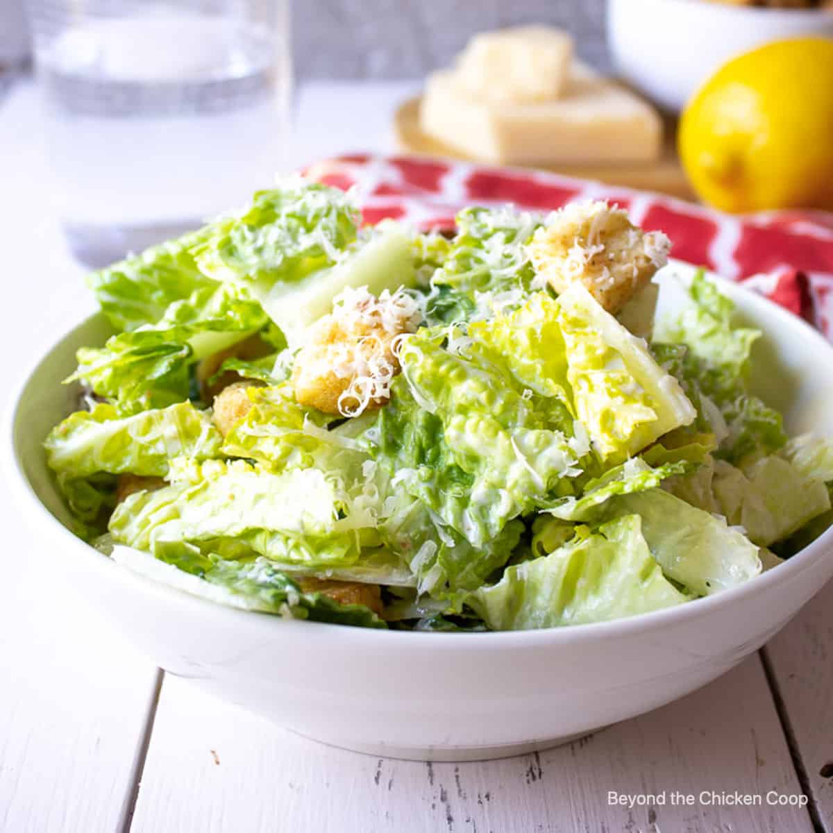 A white bowl filled with a Caesar salad.