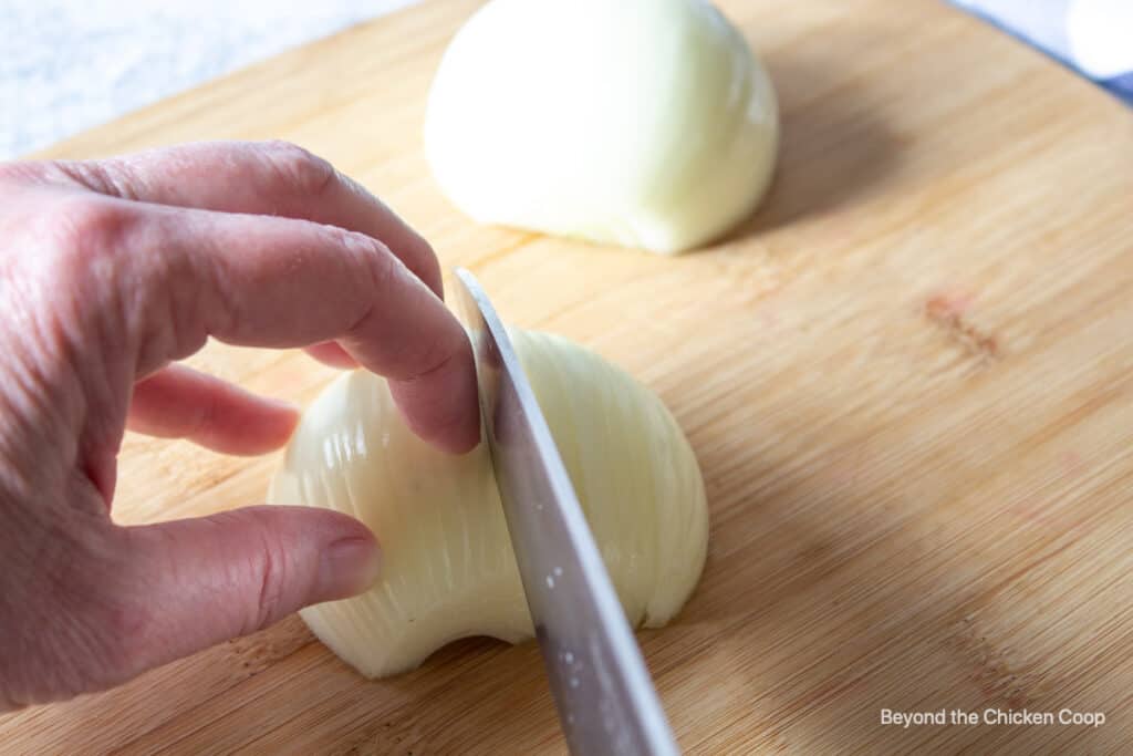 Slicing an onion.