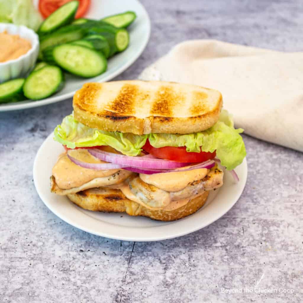 A chicken sandwich with an orange sauce on the chicken.