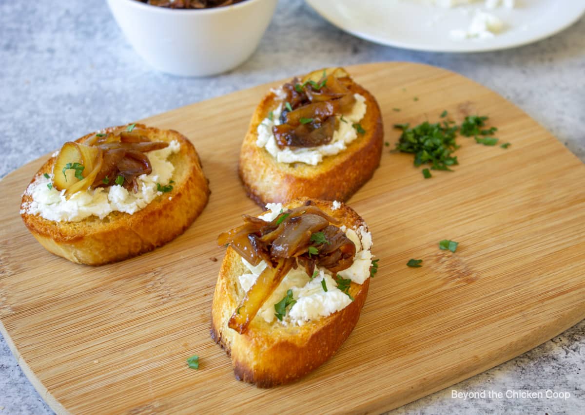 Caramelized onions on top of toasted bread.