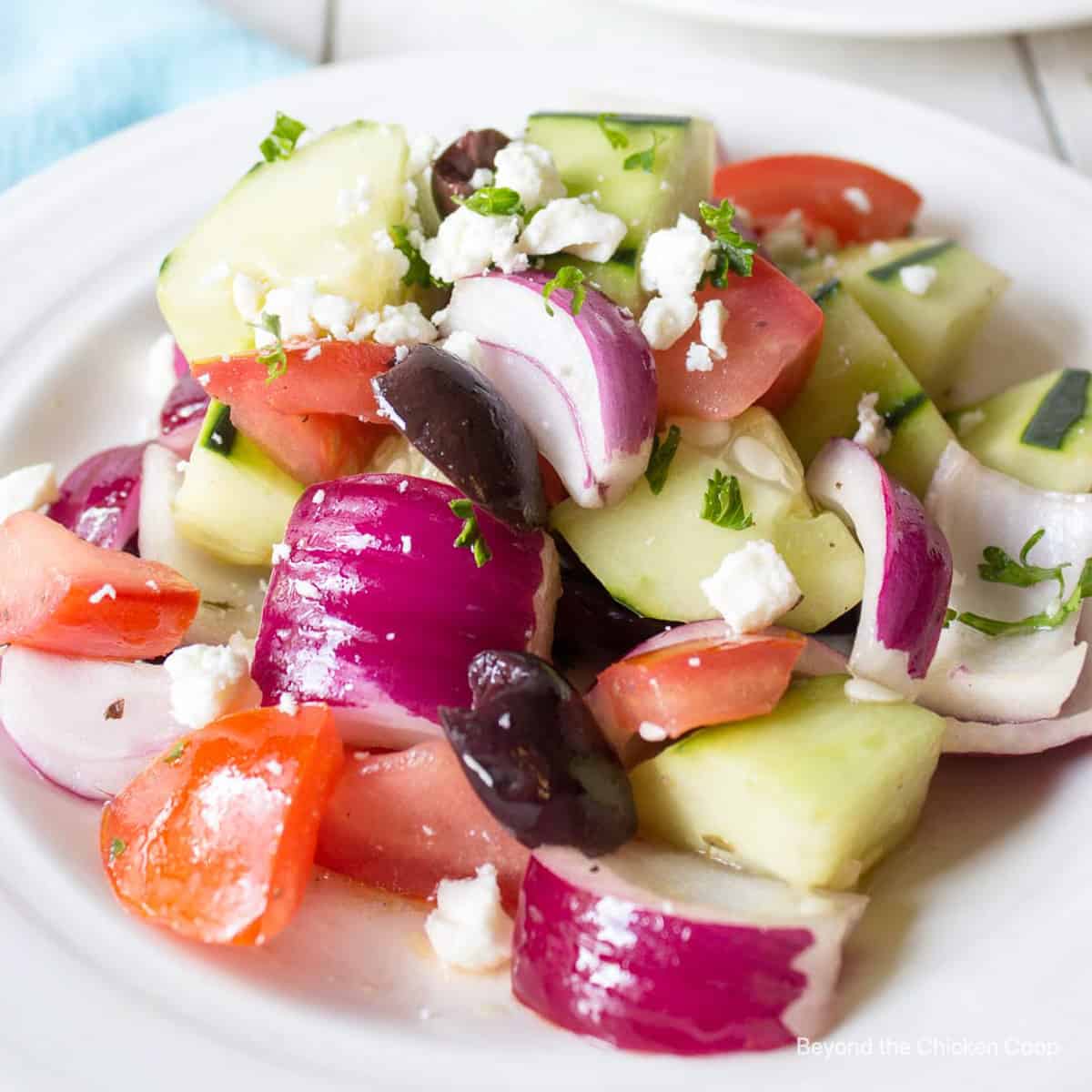 Greek cucumber salad with tomatoes on a white plate.