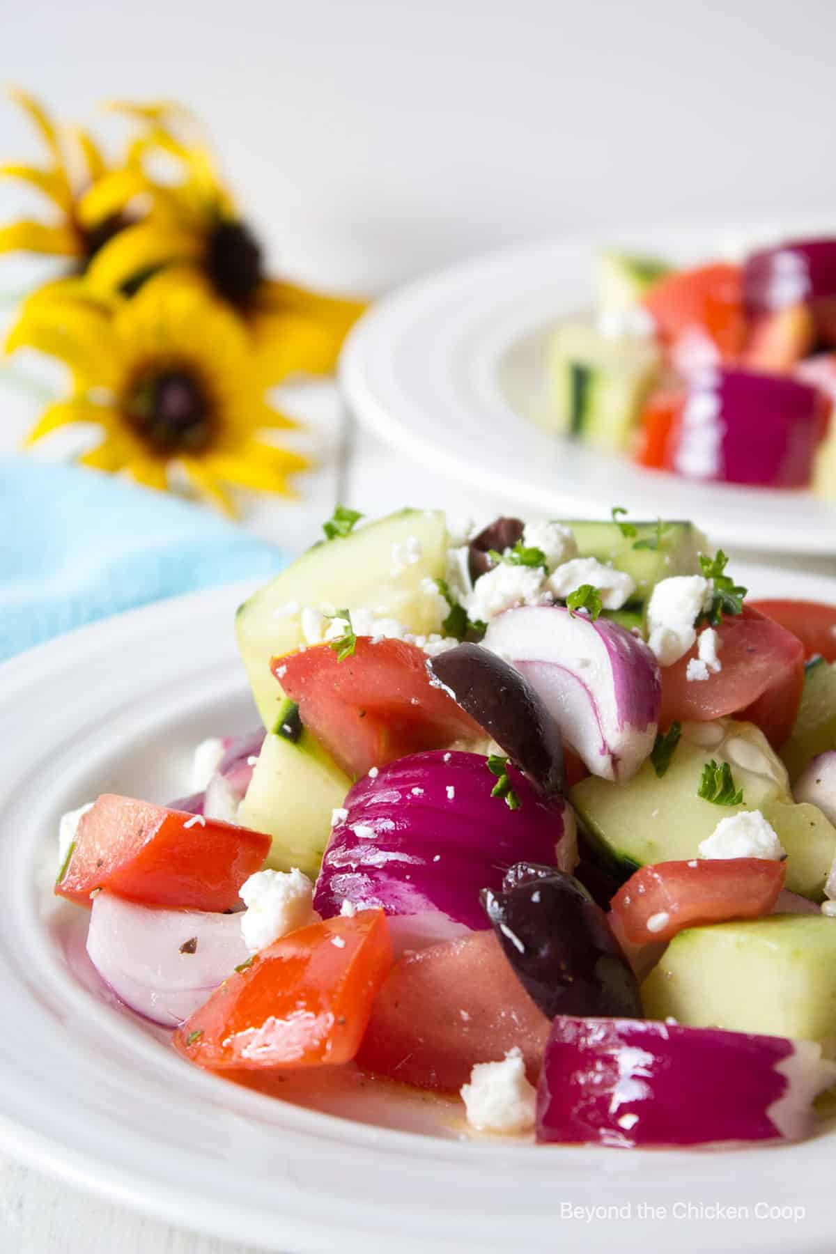 Chopped Greek Salad on a white plate. 