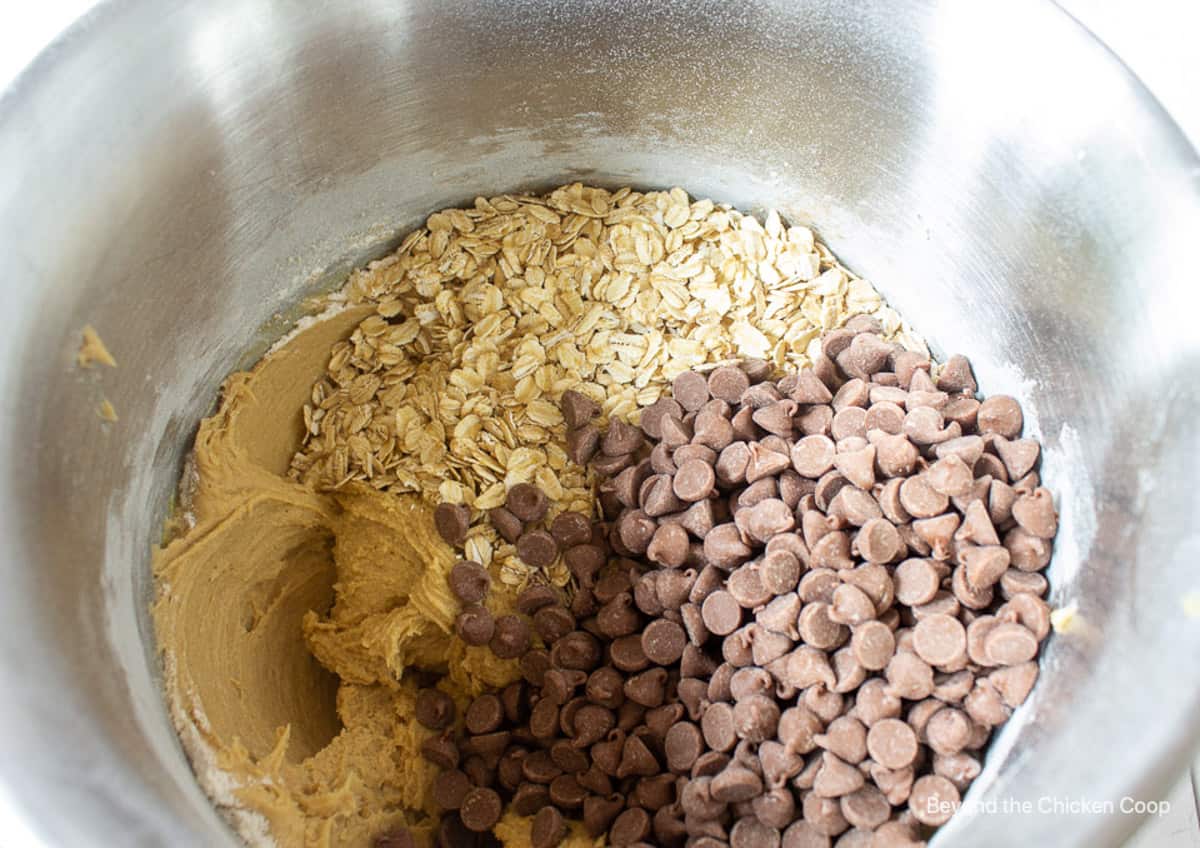 Oatmeal and chocolate chips in a mixing bowl.