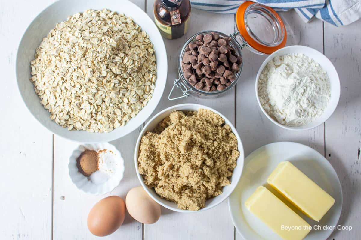 Ingredients for making oatmeal cookies.