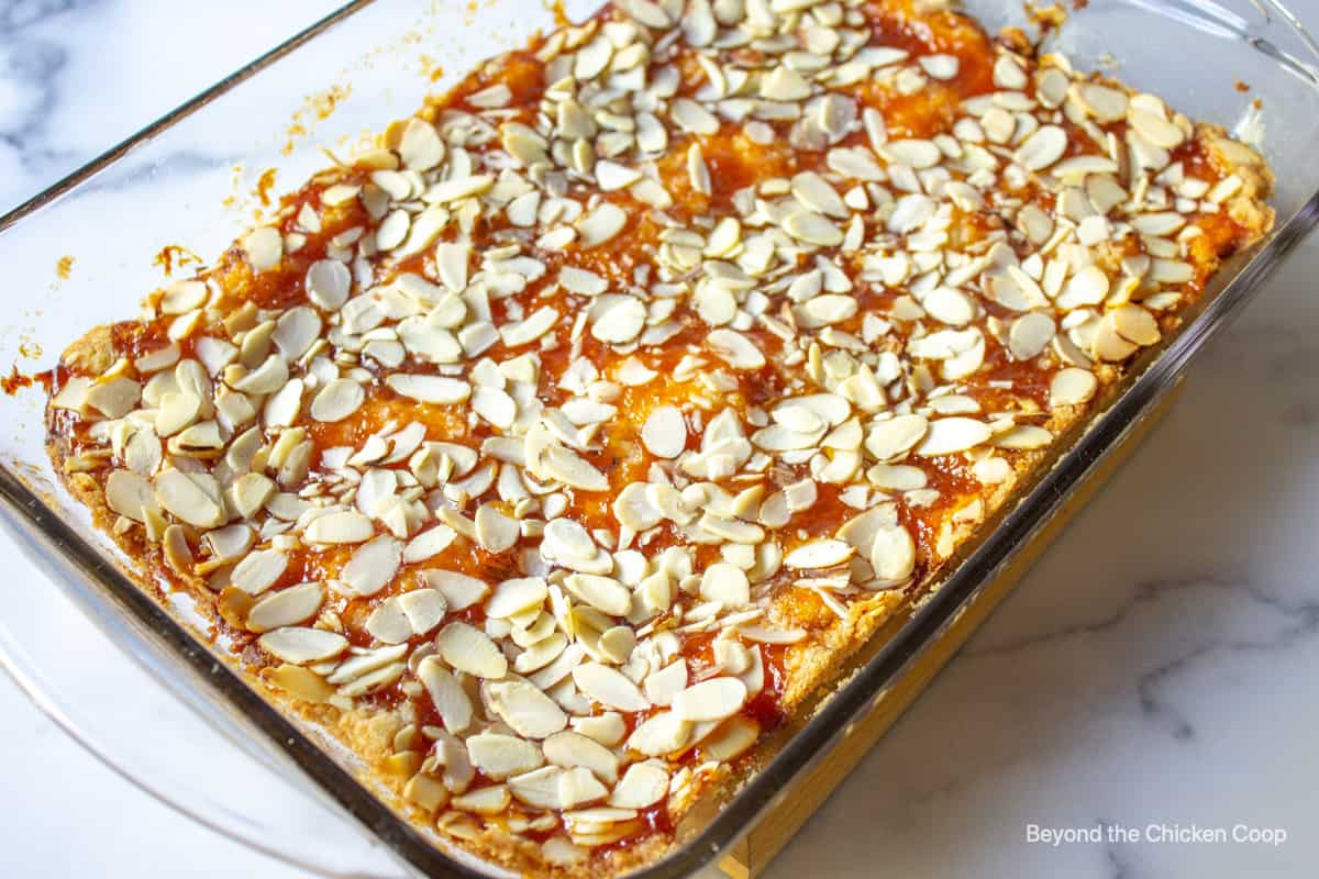 Apricot bars topped with sliced almonds in a baking dish.