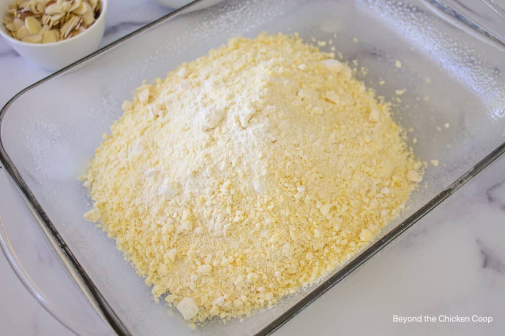 Flour mixture in a glass baking dish.