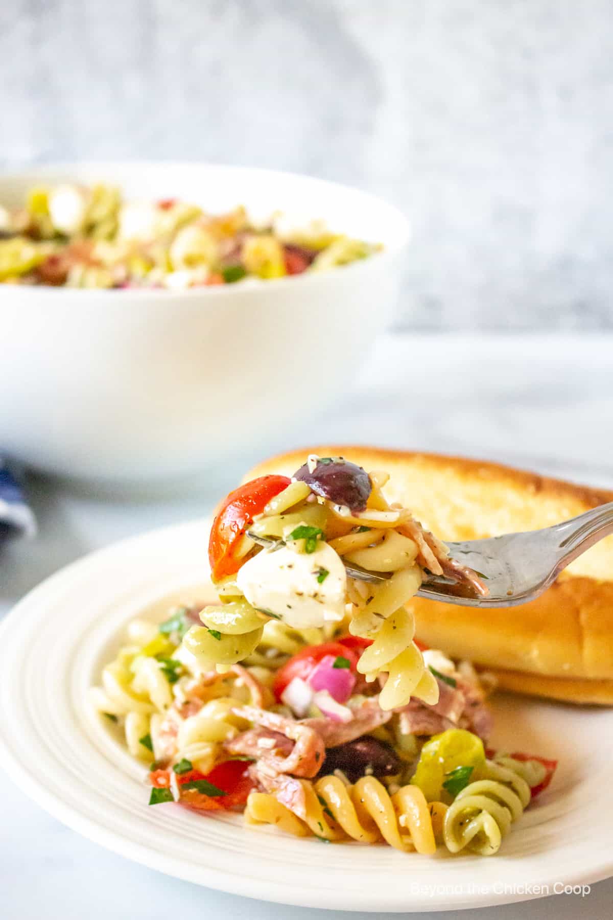 A forkful of pasta salad.