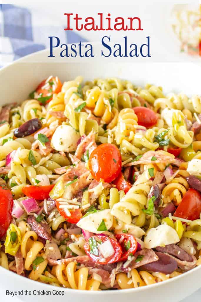 A pasta salad with tomatoes, cheese and salami.