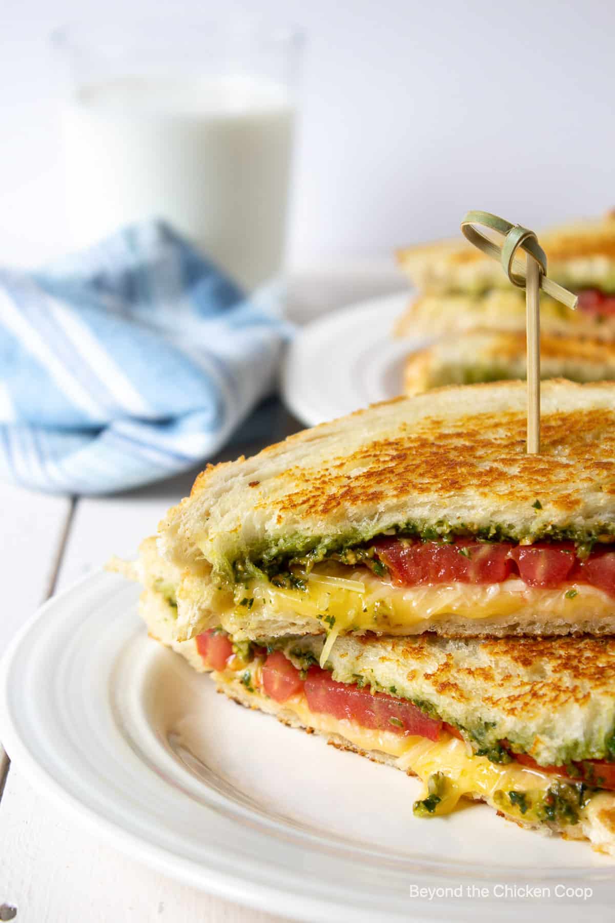 A grilled sandwich with tomatoes and pesto.