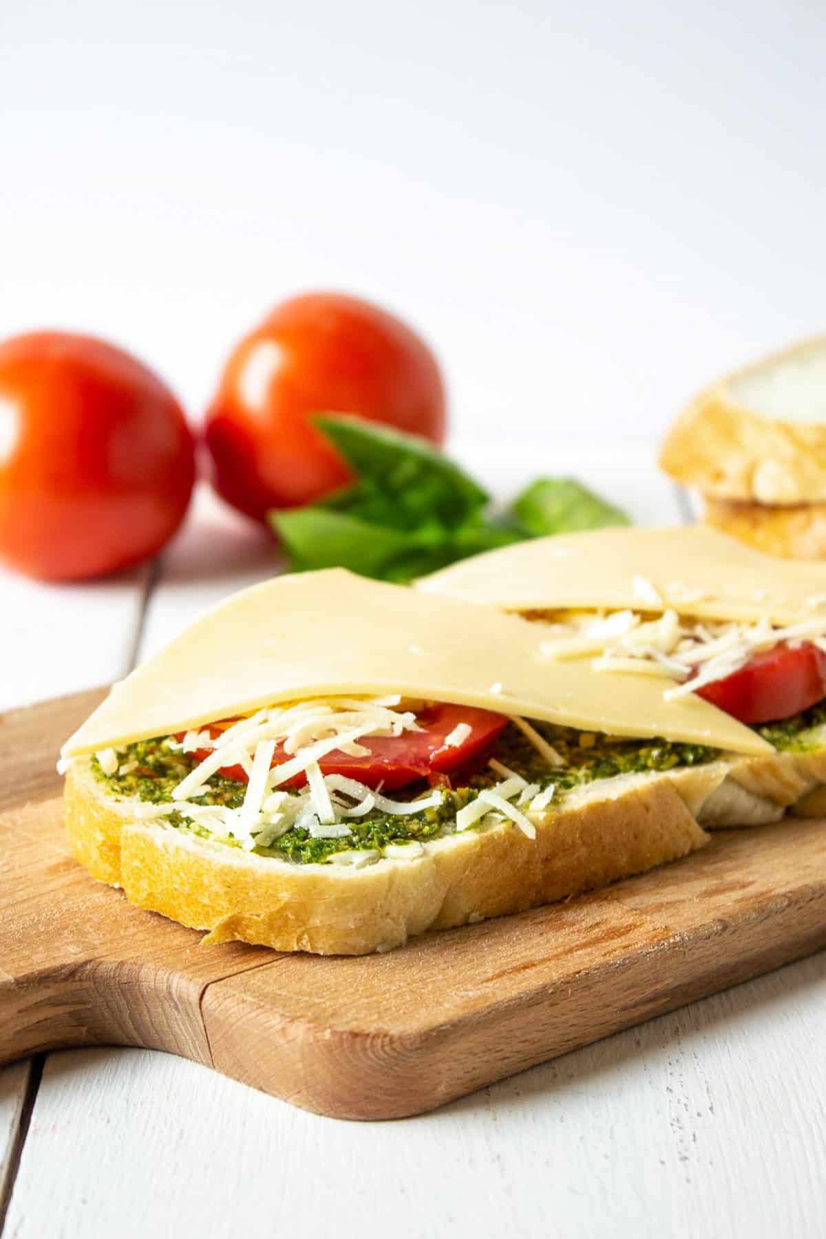 An open faced sandwich with cheese, tomatoes and pesto.