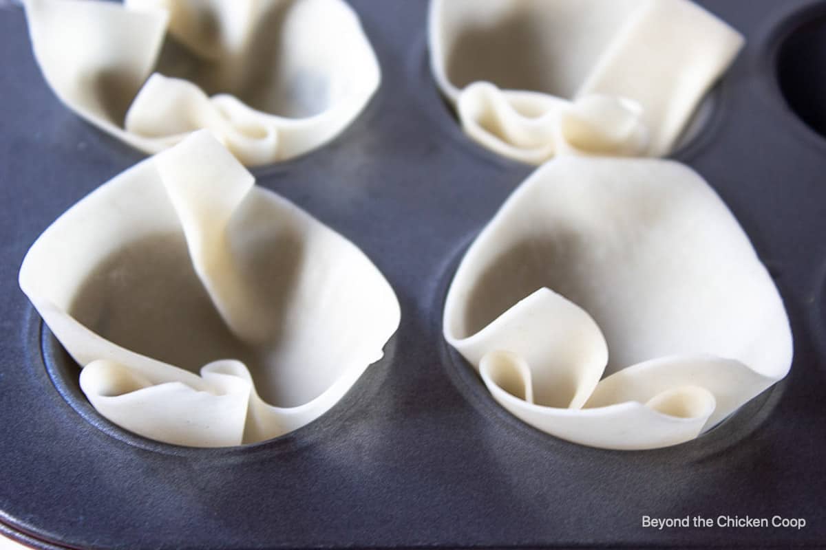 Wonton wrappers in a small muffin tin.
