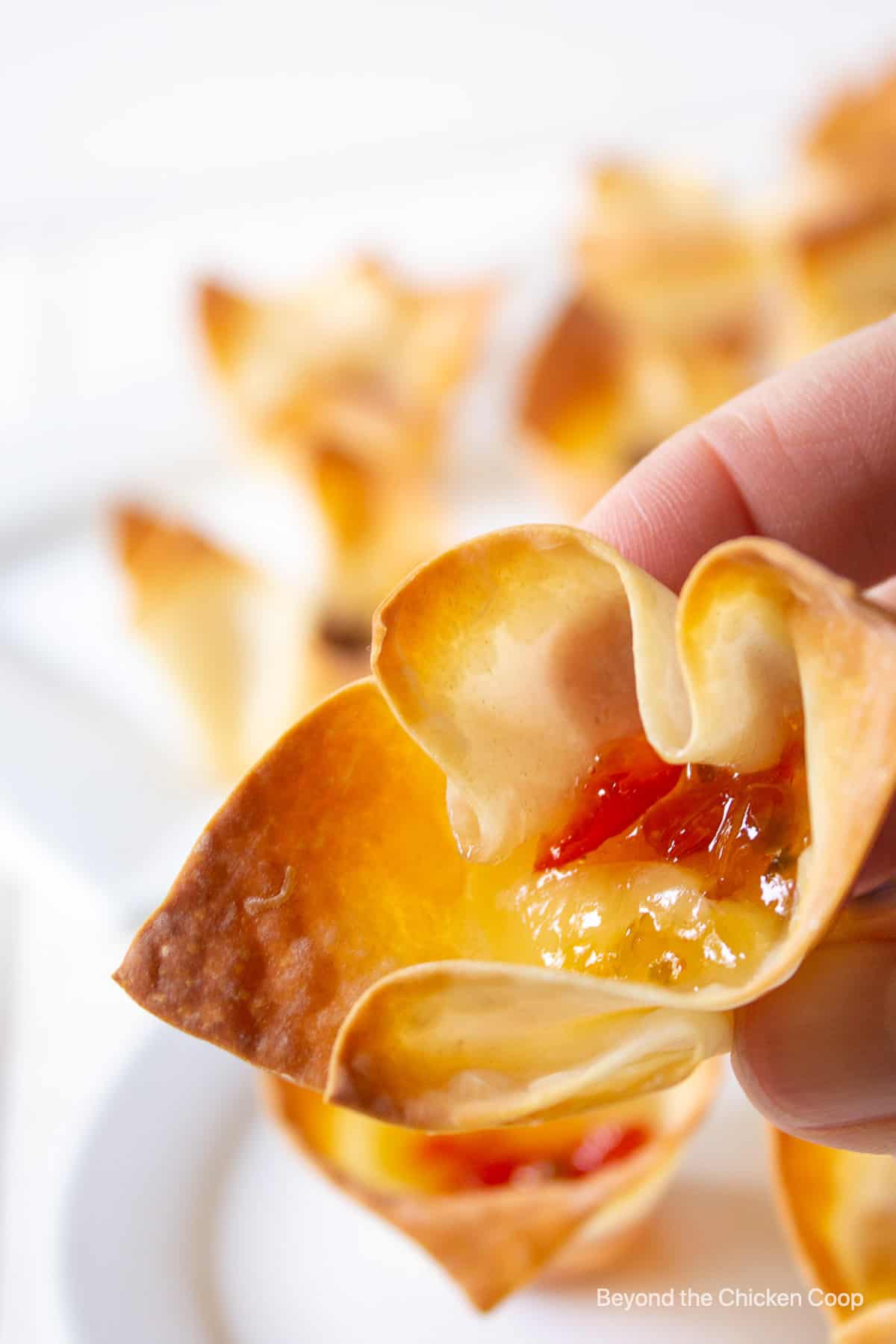 An appetizer filled with cheese and pepper jelly.