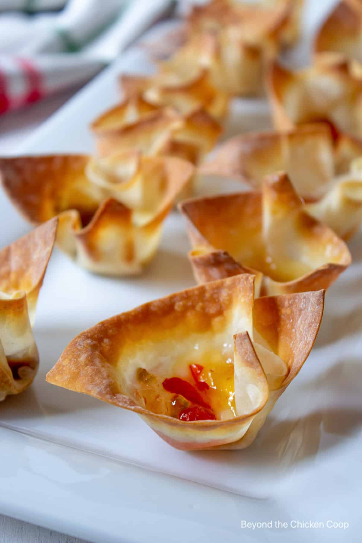 Wonton appetizers on a white platter.