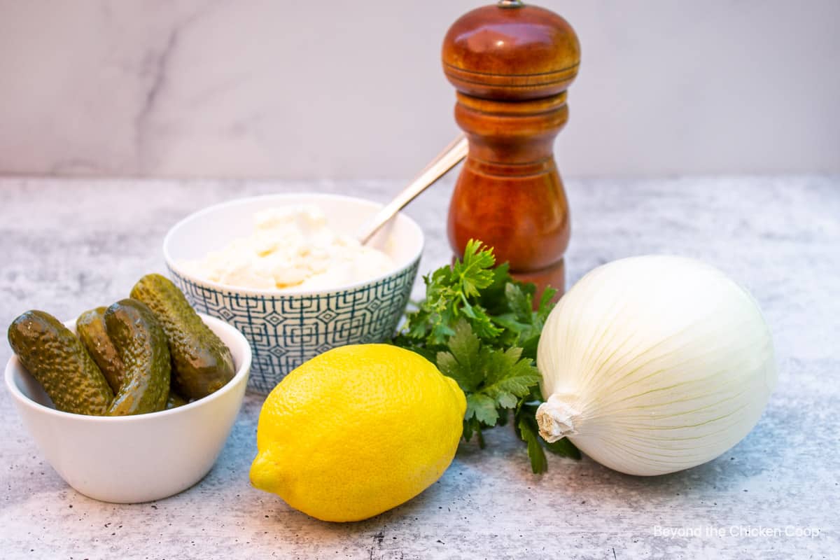 Ingredients for making tartar sauce.