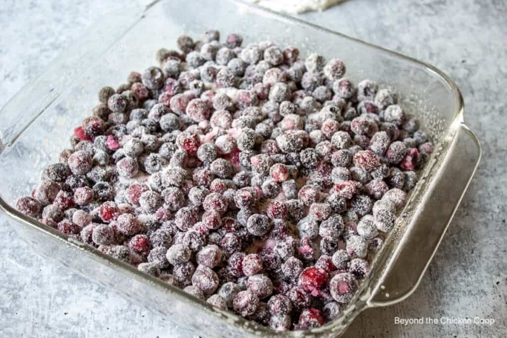 Huckleberries in a glass baking dish.