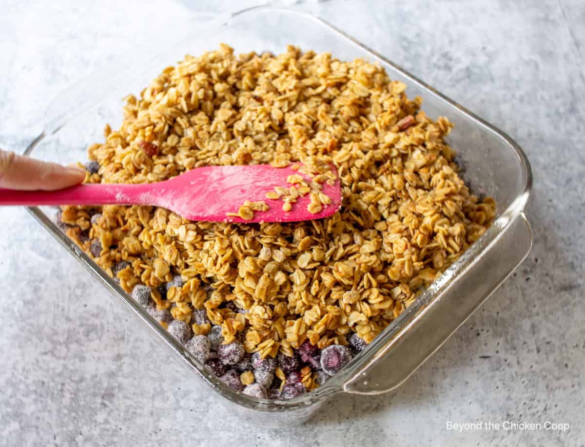 Granola added to the top of huckleberries.
