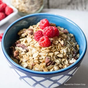Granola with pecans and topped with fresh raspberries.