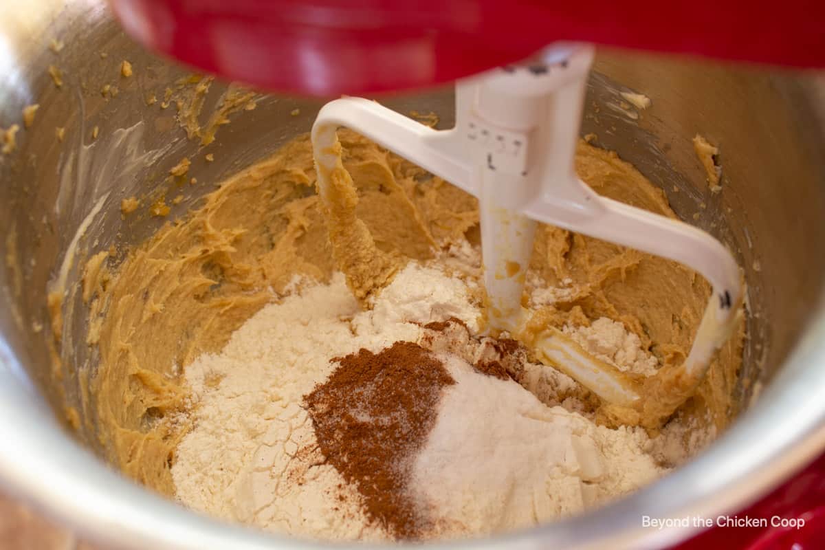 Flour and cinnamon added to cookie dough.