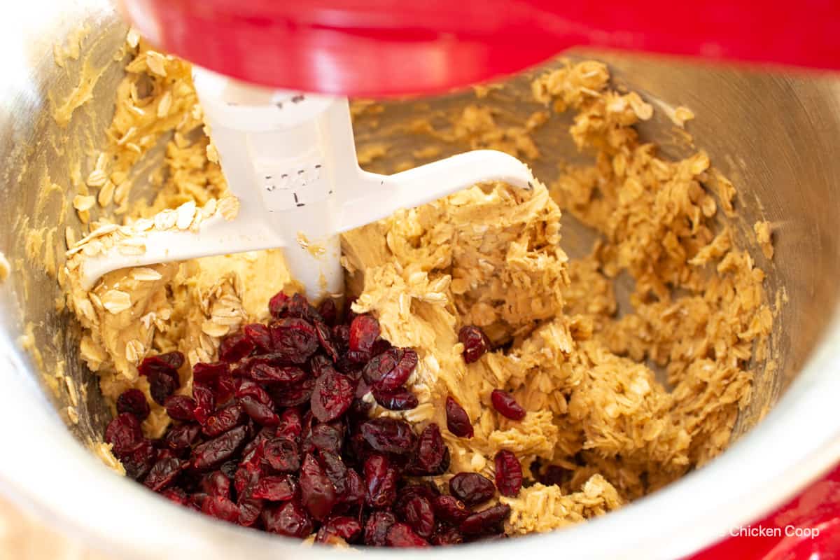 Dried cranberries in a bowl with cookie dough.