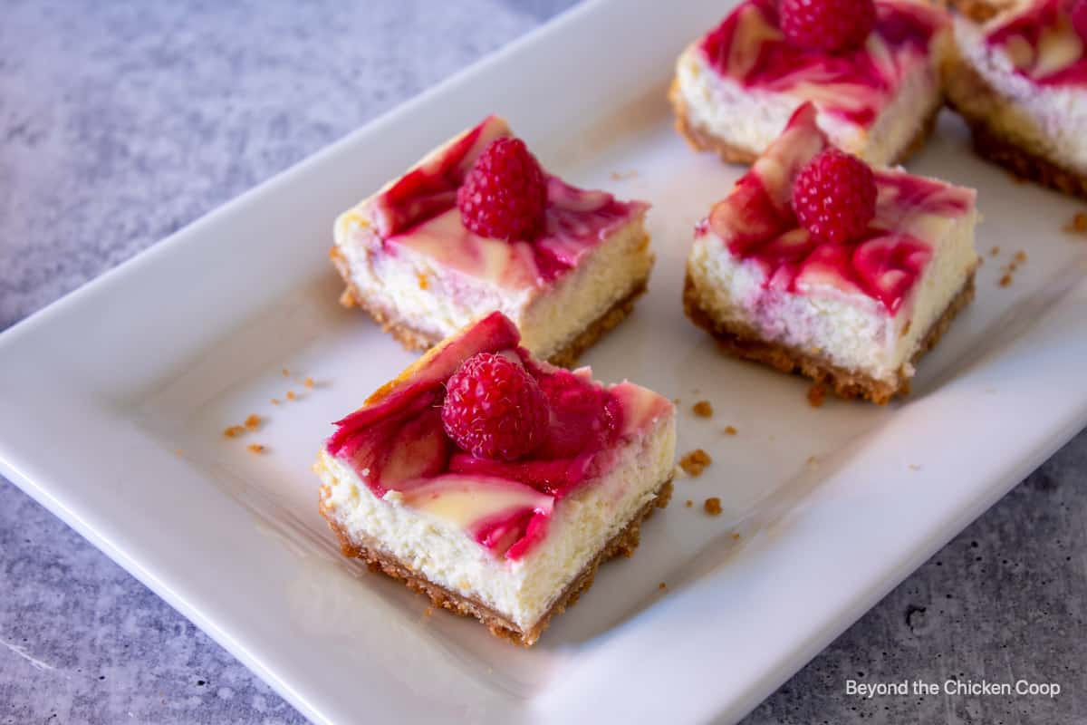 Squares of cheesecake topped with fresh raspberries.