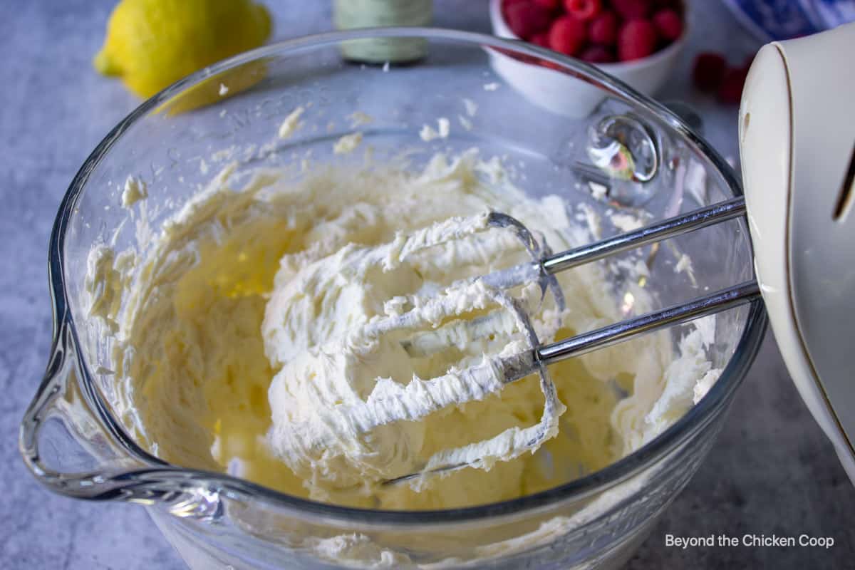 Cream cheese whipped in a bowl.