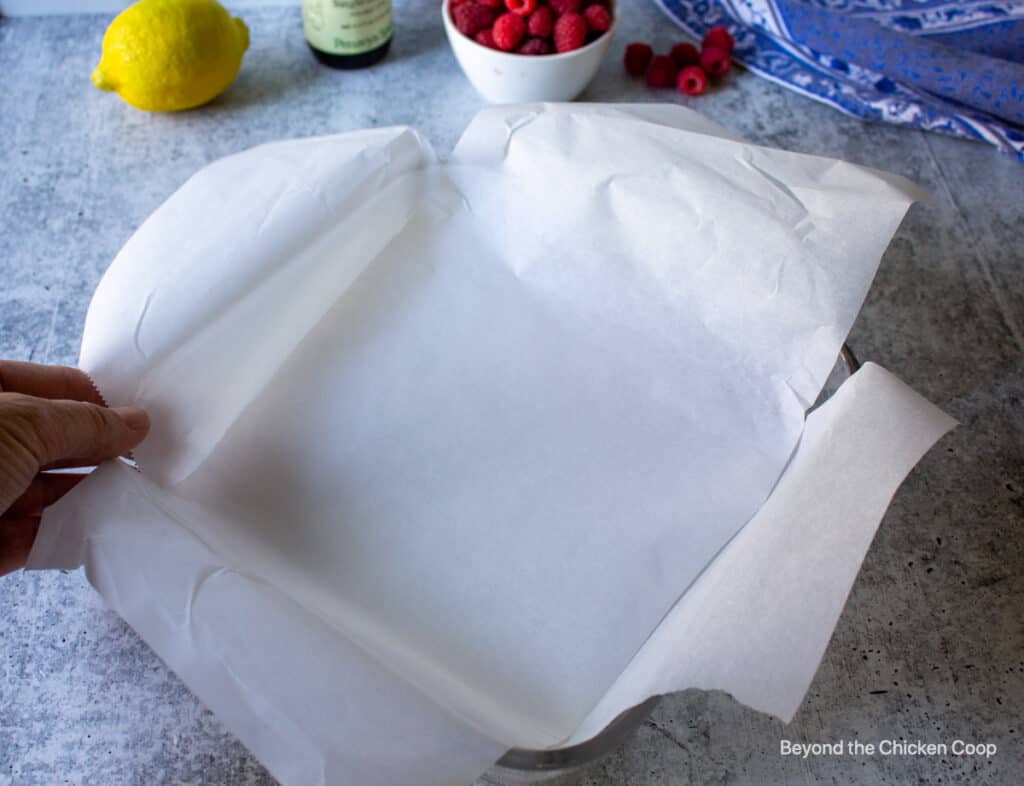 Parchment paper added to a baking dish.
