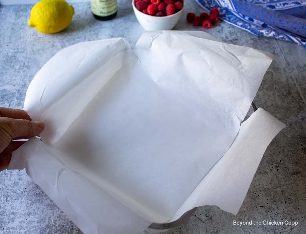 Parchment paper added to a baking dish.